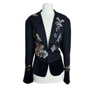 Vintage 90's XL  Black Wool and Velvet Floral Embroidered Blazer Dark Boho
